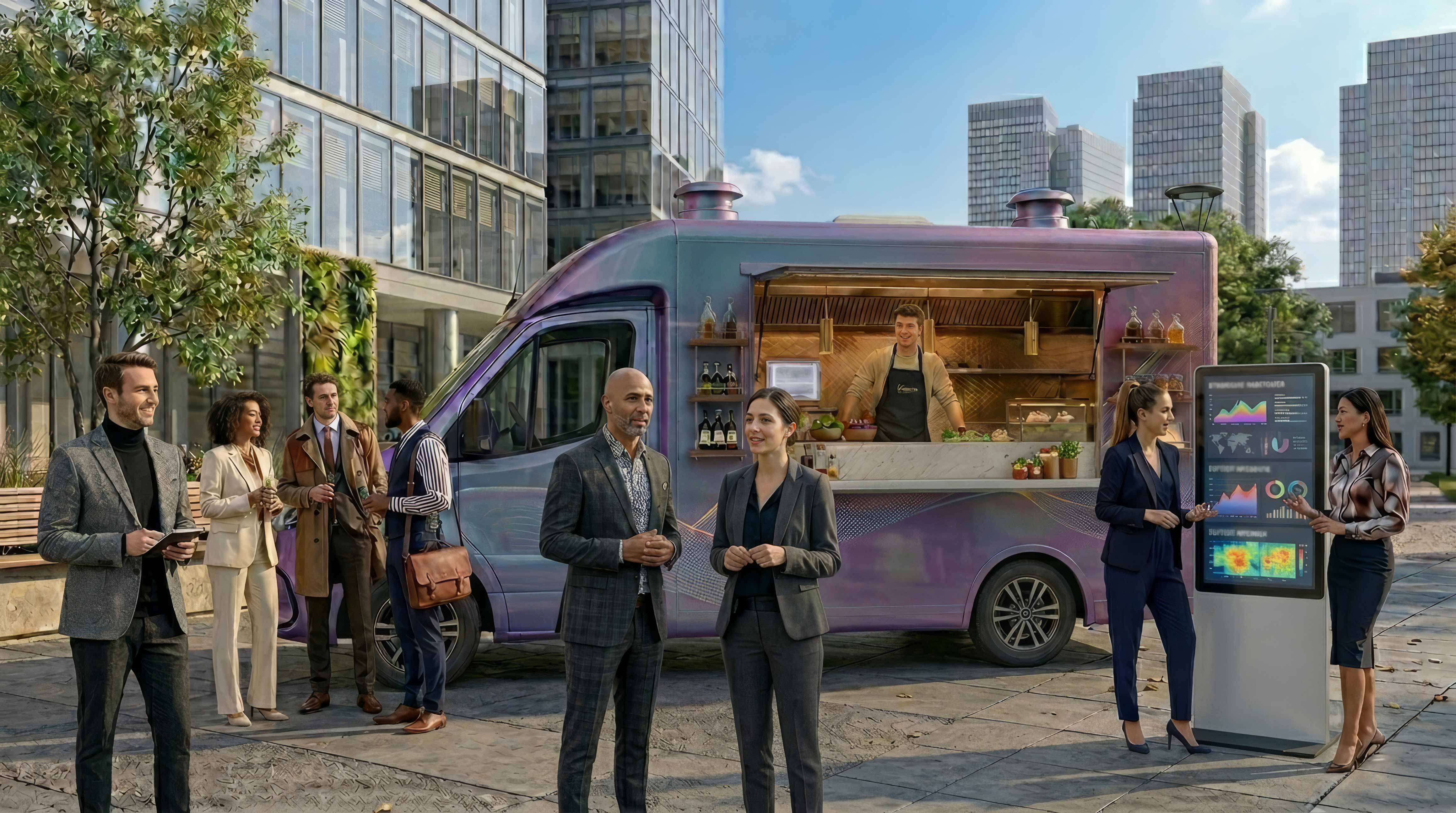 Partner und Kunden im urbanen Setting mit Foodtruck und digitalem Infoscreen